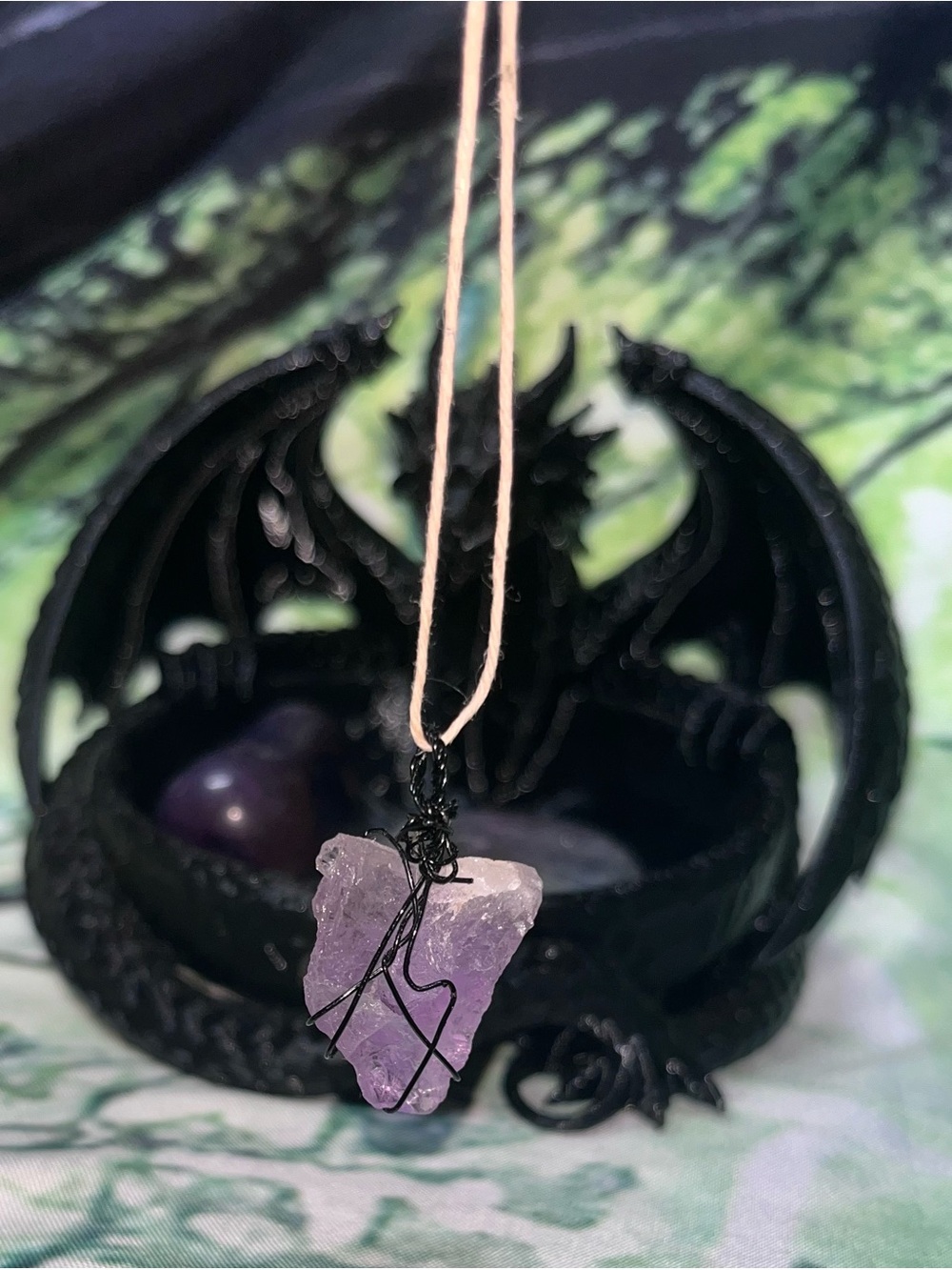 Raw Amethyst Pendant Necklace — Purple Crystal on Black Wire